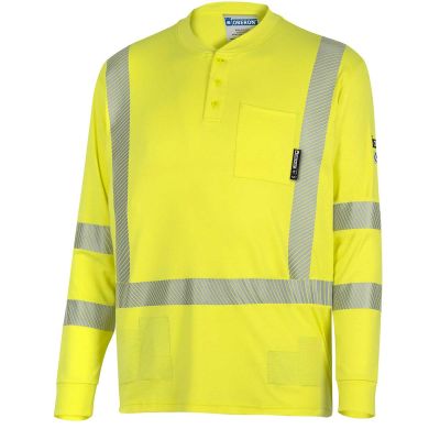 OBRZFI406-XL image(0) - OBERON Henley Shirt - Hi-Vis 100% FR/Arc-Rated 7 oz Cotton Interlock - Long Sleeves - Hi-Vis Yellow - Size: XL