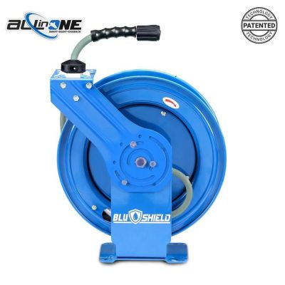BLBPWR1450-AIO image(0) - BluBird BluShield All-in-One Rubber Air Hose Reel 1/4" X 50(Single Arm - Heavy Duty) with 6' Lead-in-Hose. Includes FreeStyle, Sshhh Tek, and Safety Rewind Features.