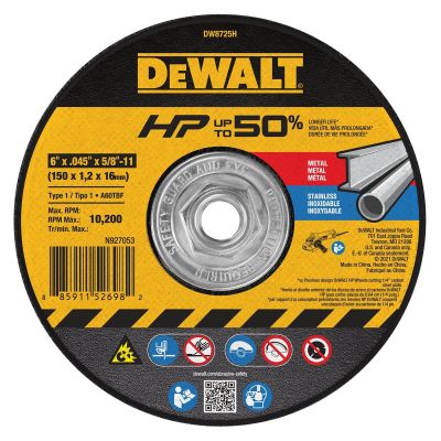 DWTDW8725H image(0) - DEWALT 6" X .045" X 5/8"-11 Hp Aluminum Oxide Cutoff Wheel