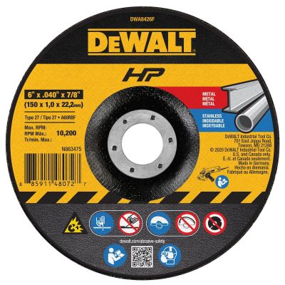 DWTDWA8426F image(0) - DEWALT 6" x .040" x 7/8" Type 27 Metal and Stainless Cutting Wheel HP