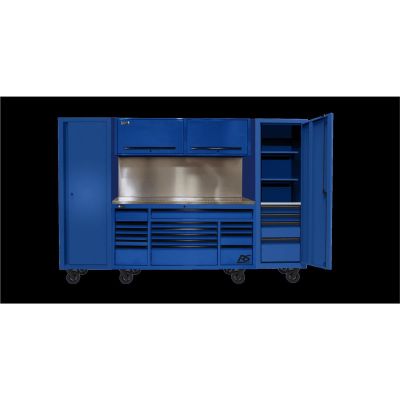 HOMBLCTS12001 image(0) - Homak Manufacturing 120" RS PRO CTS Roller Cabinet & Side Lockers Combo with Solid Backsplash - Blue