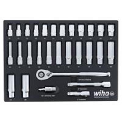 WIH33895 image(0) - Wiha Tools Set Includes 12 Standard Sockets 10 - 21mm | 13 Deep Sockets 10 - 22mm | 1/2” Dr. Ratchet 72 Tooth | 1/2” Dr. Extension Bars 3”, 6” | 1/2” Dr. Universal Joint