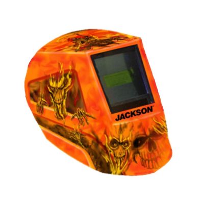 JCK47101 image(0) - Jackson Safety Welding Helmet - Auto Darkening - Nylon - 3.94" x 3.64" Viewing Area - Shade 3/5-13 Variable ADF 1/1/1/1 - 370 Speed Dial Headgear - Hellfire Graphics