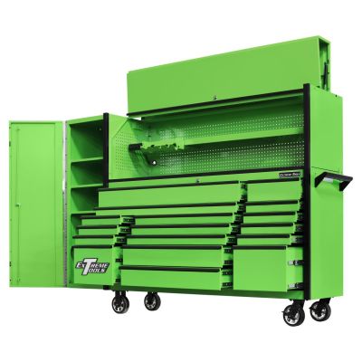 EXTDX72HRSGK image(0) - Extreme Tools DX Series 72in W x 21in D Extreme Power Workstation Hutch, 17-Drawer Roller Cabinet  and 19in Side Locker Combo, Green w Black Drawer Pulls