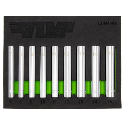 VIMEDM400A image(0) - VIM Tools 9 Piece 1/4 Inch Extra Deep 6 Point Metric Socket Set - 1/4 Inch Drive (7 - 15 mm)