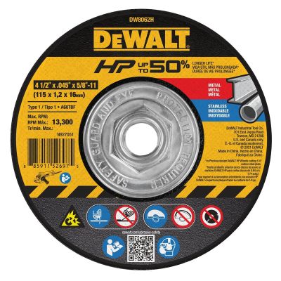 DWTDW8062H image(0) - DEWALT 4-1/2 In x .045 in Aluminum Oxide Abrasive Chop / Cut-Off Blade with 5/8 in Arbor For Metal Cutting (1 Pack)