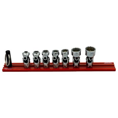 VIMDDSUJ400 image(0) - VIM Tools 7 Piece 12 Point Dual Drive Stubby UJ SAE Socket Set - 1/4 Inch X 11 mm Drive - Red Magrail