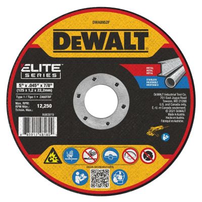 DWTDWA8952F image(0) - DEWALT ELITE SERIES 5 In x .045 in Ceramic Abrasive Chop / Cut-Off Blade with 7/8 in Arbor For Stainless & Mild Steel Cutting (1 Pack)