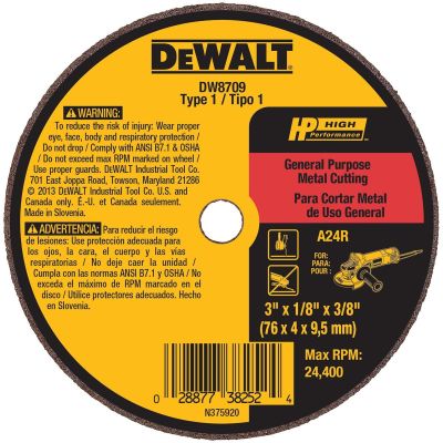 DWTDW8709 image(0) - DEWALT 3" x 1/8" x 3/8" A24T Metal & Stainless Cutting & Grinding Wheel