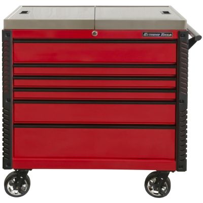 EXTEX4106TCSRDBK image(0) - Extreme Tools EX Professional Series 41 Inch 6 Drawer Sliding Top Tool Cart  with stainless steel work surface - Red With Black Drawer Pulls