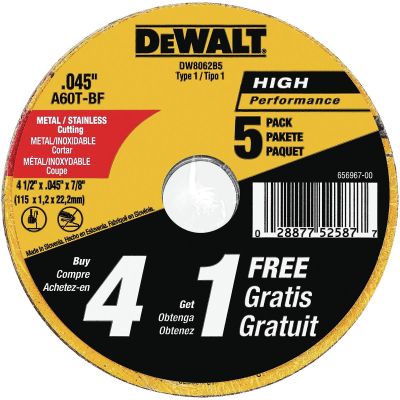 DWTDW8062B5 image(0) - DeWalt 4-1/2 Inch Type 1 Metal Cutting Wheels - 5 Pack