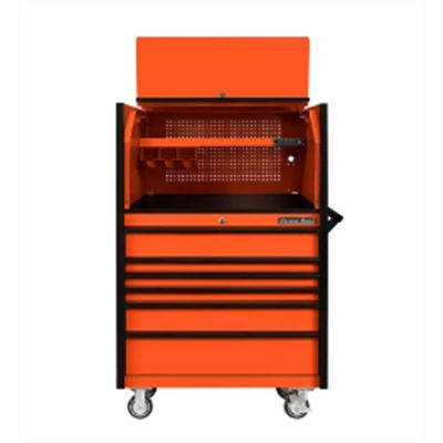 EXTDX4107HROK image(0) - Extreme Tools DX Series 41in W x 25in D Extreme Power Workstation&reg; Hutch and 6 Drawer 25in Deep Roller Cabinet - Orange with Black Drawer Pulls 100-200 lb. Slides