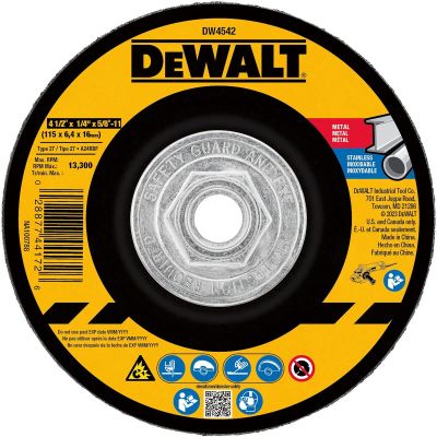 DWTDW4542 image(0) - DEWALT 4-1/2" x 1/4" x 5/8"-11 Metal & Stainless Grinding Wheel