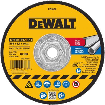DWTDW4546 image(0) - DEWALT 6-Inch By 1/4-Inch By 5/8-Inch-11 High Performance Fast Metal Grinding Wheel