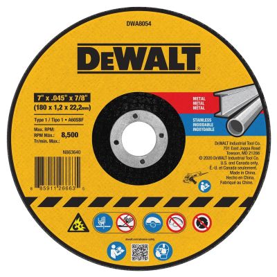 DWTDWA8054 image(0) - DEWALT 7 In x .045 in Aluminum Oxide Abrasive Chop / Cut-Off Blade with 7/8 in Arbor For Concrete & Masonry Cutting (1 Pack)