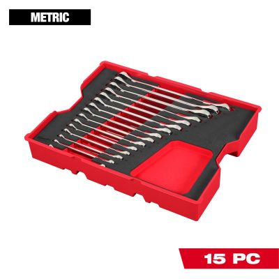MLW48-22-0156 image(0) - Milwaukee Tool 15 Piece Metric Ratcheting Combination Wrench Set with Tray for PACKOUT Drawers