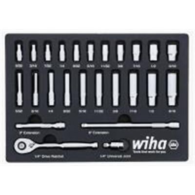 WIH33396 image(0) - Wiha Tools Set Includes - 11 Standard Sockets 5/32&rdquo; - 9/16&rdquo; | 10 Deep Sockets 5/32&rdquo; - 9/16&rdquo; | 1/4&rdquo; Drive Ratchet 72 Tooth | 1/4&rdquo; Drive Extension Bars 3&rdquo;, 6&rdquo; | 1/4&rdquo; Drive Universal J