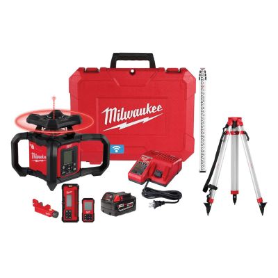 MLW3704-21T image(0) - Milwaukee Tool M18 Red Exterior Dual Slope Rotary Laser Level Kit with Receiver, Remote, Grade Rod, and Tripod