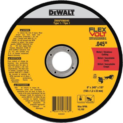 DWTDWAFV86045 image(0) - DEWALT FLEXVOLT 6 In x .045 in Abrasive Chop / Cut-Off Blade with 7/8 in Arbor For Stainless & Mild Steel Cutting (1 Pack)
