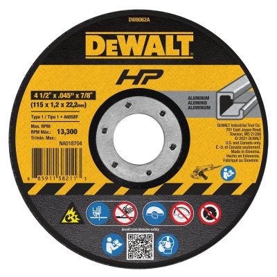 DWTDW8062A image(0) - DEWALT 4-1/2 In x .045 in Aluminum Oxide Abrasive Chop / Cut-Off Blade with 7/8 in Arbor For Metal Cutting (1 Pack)