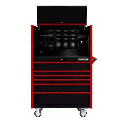 EXTDX4107HRKR image(0) - Extreme Tools DX Series 41in W x 25in D Extreme Power Workstation&reg; Hutch and 6 Drawer 25in Deep Roller Cabinet - Black with Red Drawer Pulls 100-200 lb. Slides