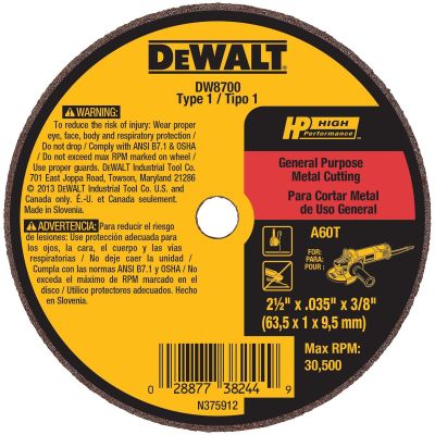 DWTDW8700 image(0) - DEWALT 2-1/2" x .035" x 3/8" A60T Metal & Stainless Cutting & Grinding Wheel