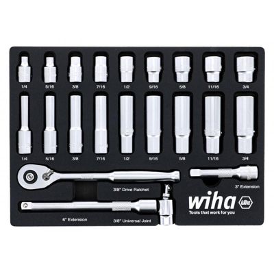 WIH33796 image(0) - Wiha Tools Set Includes - 9 Standard Sockets 1/4&rdquo; - 3/4&rdquo; | 9 Deep Sockets 1/4&rdquo; - 3/4&rdquo; | 3/8&rdquo; Dr. Ratchet 72 Tooth | 3/8&rdquo; Dr. Extension Bars 3&rdquo;, 6&rdquo; | 3/8&rdquo; Dr. Universal Joint