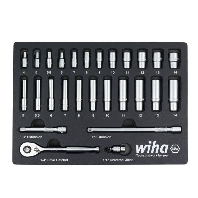 WIH33395 image(0) - WIHA Tools Set Includes - 12 Standard Sockets 4 - 14mm | 11 Deep Sockets 5 - 14mm | 1/4&rdquo; Drive Ratchet 72 Tooth | 1/4&rdquo; Drive Extension Bars 3&rdquo;, 6&rdquo; | 1/4&rdquo; Drive Universal Joint