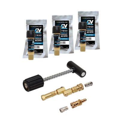 TRATP9814EV-BX image(0) - Tracer Products Mini-EZ&trade; POE-Based EV A/C dye injection kit with TP9815EV-P3 dye cartridges (compatible with R-134a and R-1234yf EV systems), solid-brass swivel-type R-134a coupler with check valve and purge fitting, R-1234