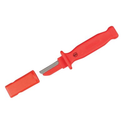 WIH15003 image(0) - Wiha Tools Insul. Electricians Cable Stripping Knife 50mm Blade w/ Finger Guard over Back of Blade, Straight blade partly Insul.. Cover Included. 9" Oal