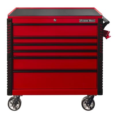 EXTEX4106TCRDBK image(0) - Extreme Tools EX Professional Series 41 Inch 6 Drawer Open Top Tool Cart with PVC-coated work surface - Red with Black Drawer Pulls