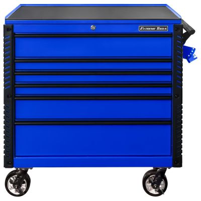 EXTEX4106TCBLBK image(0) - Extreme Tools EX Professional Series 41 Inch 6 Drawer Open Top Tool Cart with PVC-coated work surface - Blue with Black Drawer Pulls