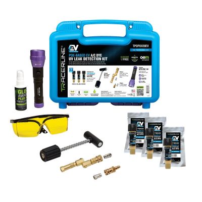 TRATPOPUV20EV image(0) - Tracer Products Mini-EZ&trade; POE-Based EV A/C Leak Detection Kit includes (3) 0.25 oz (7 ml) single-dose EV A/C dye cartridges, TPOPUV OPTI-PRO UV flashlight, R-134a coupler, R-1234yf adapter, GLO-AWAY&trade; Plus, glasses, and 
