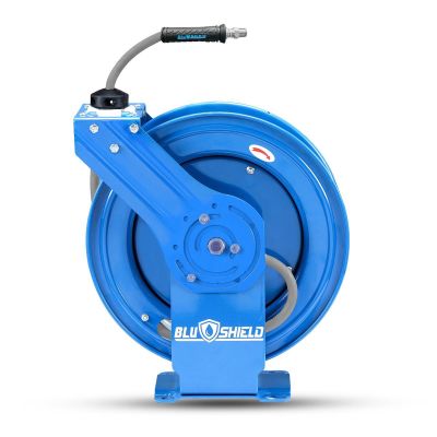 BLBPWR3850-AIO image(0) - BluBird BluShield All-in-One Rubber Air Hose Reel 3/8" X 50(Dual Arm ) with 6' Lead-in-Hose. Includes FreeStyle, Sshhh Tek, and Safety Rewind Features.