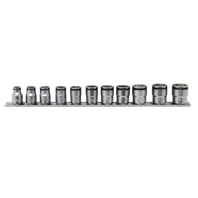 KKNRS3450M-11 image(0) - Ko-ken USA 3/8 Square Drive NUT GRIP Socket Set 8-19 mm Chrome Rail - 11 Piece