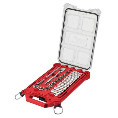MLW48-22-9481 image(0) - Milwaukee Tool 3/8&rdquo; Drive 28pc Ratchet & Socket Set with PACKOUT Low-Profile Compact Organizer - SAE
