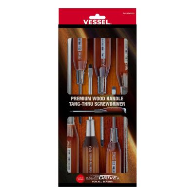 VES1006PBU image(0) - Vessel Tools Premium Wood Handle Tang-Thru Screw Driver 6 Piece Set