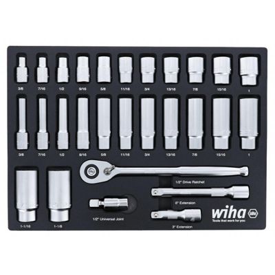 WIH33896 image(0) - Wiha Tools Set Includes - 11 Standard Sockets 3/8” - 1” | 13 Deep Sockets 3/8” - 1-1/8” | 1/2” Dr. Ratchet 72 Tooth | 1/2” Dr. Extension Bars 3”, 6” | 1/2” Dr. Universal Joint